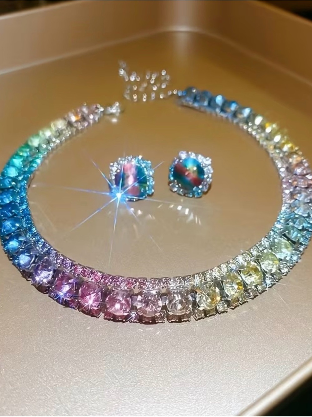 Rainbow Cubic Zirconia Tennis Necklace and Stud Earrings Set